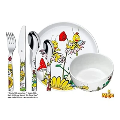 Immagine di WMF Set di stoviglie per bambini Maya the Bee da 6 pezzi, con posate dai 3 anni, acciaio inossidabile lucido Cromargan, lavabile in lavastoviglie, multicolore