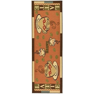 Immagine di Ottomanson Passatoia per cucina, motivo tazze di caffè, con fondo in gomma, collezione Sara, 50 cm x 150 cm, colore: Arancione scuro