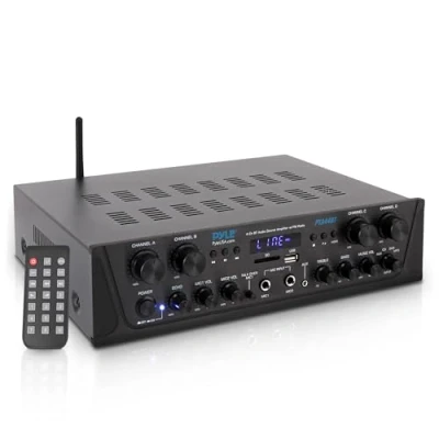 Immagine di Pyle Amplificatore Karaoke Bluetooth Wireless da 500 Watt, Audio Stereo 4 Canali con AUX, Radio FM, USB e Microfono IN, Potenza Picco Watt