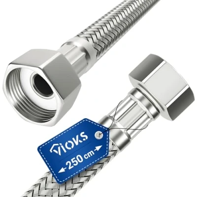 Immagine di tubo corazzato, 250 cm, flessibile, dado di raccordo 1/2&quot; x 1/2&quot;, per acqua potabile, con intrecciatura in acciaio inox
