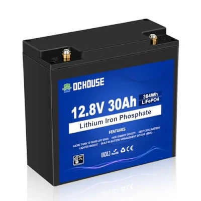 Immagine di batteria DCHOUSE 12V 30Ah LiFePO4 al litio a ciclo profondo ricaricabile con 4000+ cicli profondi e protezione BMS per tosaerba, pannelli solari, barche motore, camper, campeggio