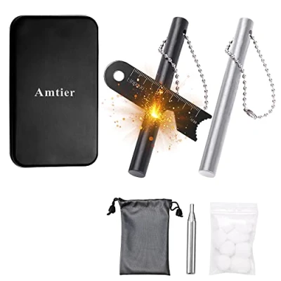 Immagine di Amtier Pietra focaia di sopravvivenza, set avviatori per attività all&#039;aperto, campeggio, magnesio ferrocium Rod Firesteel con Scale Scraper &amp; Bruciare cotone, Outdoor Emergency Survival Tool
