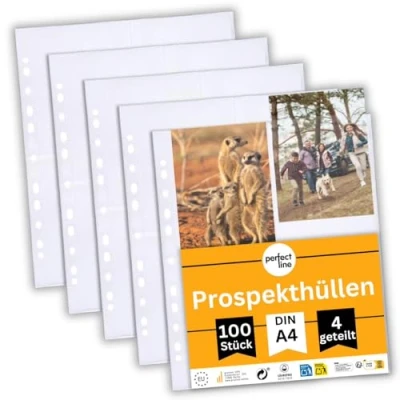 Immagine di perfect line 100 buste trasparenti A4, portadocumenti chiare divise in 4 scomparti A6, foglio trasparente incolore con inserimento alto