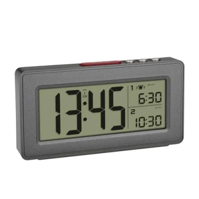 Immagine di TFA Dostmann Sveglia da comodino digitale radiocontrollata con 2 orari di sveglia, 60.2563, modalità weekend, visualizzazione data e giorno, retroilluminazione, funzione snooze, antracite