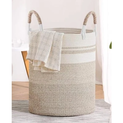 Immagine di SaiXuan XXXL Cesto Portabiancheria Sporca Intrecciato in Cotone con Manico, 50L Cesta Porta Oggetti Corda di Cotone, per Camera da Letto, Bagno, Giocattoli e Organizzazione, Resistente, 37x47cm