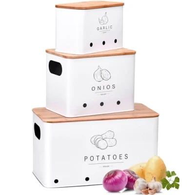 Immagine di YESLUSY Porta Patate Cucina, Set di 3 Contenitore per Patate, Cipolle e Aglio con Coperchio in Bambù Fori Ventilazione, Contenitori Salvaspazio Cucina Design Retrò (Bianco)