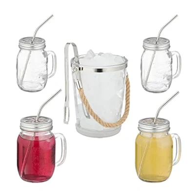 Immagine di Relaxdays Bicchieri con Cannuccia 4, 500 ml, Manico, Coperchio, Secchiello per Il Ghiaccio, Trasparenti, 80% Vetro 20% Acciaio Inox, Set da 4X