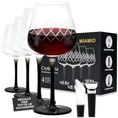 Immagine di MIAMIO Bicchieri da vino rosso 480 ml, Set di 4 grandi in cristallo con stelo lungo nero + tappo per e aeratore Collezione Crystaluna