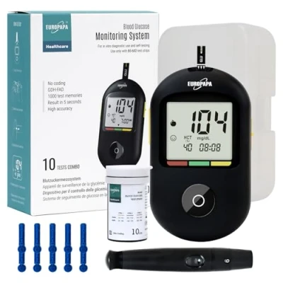 Immagine di EUROPAPA® Glucometro Con 10 Strisce Reattive Per Glicemia E Lancette Pungidito, Sistema Di Misurazione Della Glicemia, Set Diabete Mg/Dl L&#039;automonitoraggio (Nero)