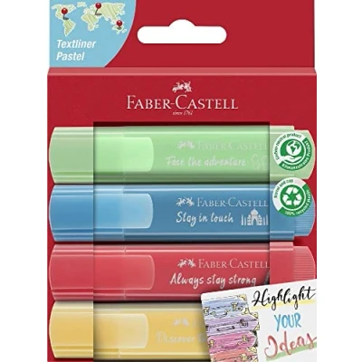 Immagine di Faber Castell 254625 Set di evidenziatori TL 46, confezione da 4, colori pastello, con punta a cuneo lunga durata, larghezza linea 1 5 mm