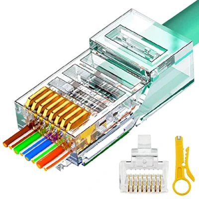 Immagine di Connettori RJ45 Passanti 100 Pezzi Connettore CAT6 per CAT5E CAT5 Spina Terminale di Rete Placcata Oro Ethernet