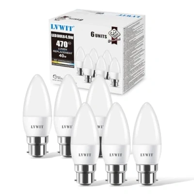 Immagine di LVWIT Lampadine LED C37 B22 Candela 5W Equivalenti a 40W, Luce Bianca Calda 2700K, 470Lm, Non Dimmerabile, Pacco da 6 Pezzi
