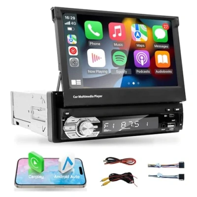 Immagine di EZoneTronics Lettore MP5 universale da 7 pollici con schermo retrattile e ribaltabile multimediale per Auto CarPlay Android Bluetooth Controllo del volante Radio FM