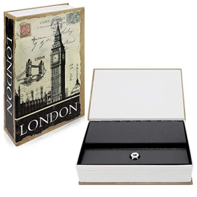 Immagine di Navaris Libro Cassaforte Cassetta di Sicurezza 24x16x5cm Scrigno Portavalori con Serratura a Chiave Copertina Guida Turistica Londra