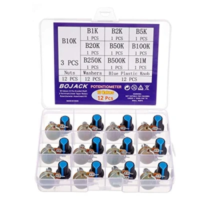 Immagine di BOJACK 10 valori 12 pezzi B1K B1M Ohm Albero zigrinato 3 terminali Potenziometri rotativo conico lineare (WH148) Kit assortimento di Resistori variabili a film singolo in carbonio