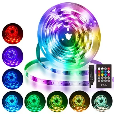 Immagine di Hually Striscia LED 3M/9.8ft, 90 LEDs Strisce RGB 5050 con Telecomando RF,Sincronizza la musica, 4 Modalità, Impermeabile USB alimentata per Decorazioni,Cucina, Festa,Natale,Bar