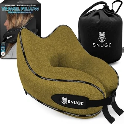 Immagine di SNUGL cuscino cervicale in memory foam, lavabile e regolabile, morbido da viaggio per aereo, auto viaggio, (giallo scuro, adulti)