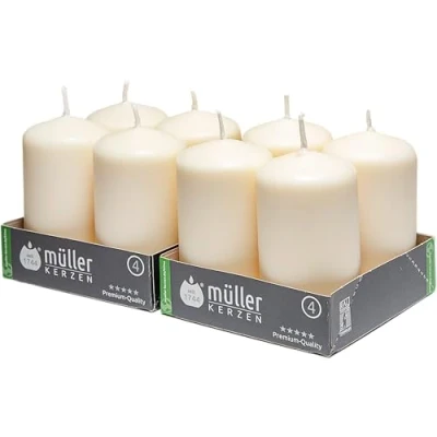 Immagine di Müller Candele a Colonna Cilindriche, Set di 8 Candele, dim. 48 x 90 mm, Colore Avorio, Lunga Durata 16 Ore, Cera Antigoccia, Inodore, Qualità RAL