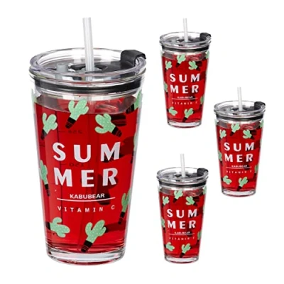 Immagine di Relaxdays Set da 4 Tazze per Bambini, Bicchieri Vetro, Silicone, ABS, con Cannuccia e Tappo, 450 ml, Cactus, Trasparente, 9 cm