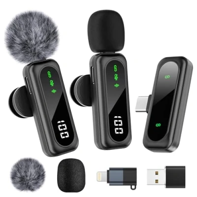Immagine di FSXEU microfono Lavalier senza fili per Iphone/Android/Pc, Mini a bavero con cancellazione del rumore, compatibile la registrazione video, Vlog, interviste, Youtube, Tiktok