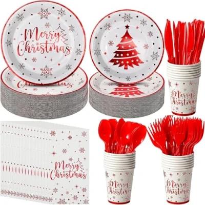 Immagine di KAHEIGN 175 Pezzi Stoviglie di Carta per Feste Natalizie, 25 x Piatti da Portata e Insalata, Tazze 270ml, Tovaglioli, Riutilizzabili Coltelli, Forchette Cucchiai
