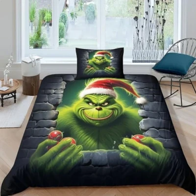 Immagine di Natale Grinch Copripiumino 2 Pezzi 3D Stampa Digitale Set Con Cerniera Microfibra Morbido Di Biancheria Da Letto E Federe Per Bambini Single（135x200cm）