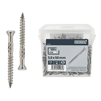 Immagine di HELPMATE viti per terrazze 5 x 50 in acciaio inox A2 antiruggine, 500 assi + 2 punte T25 da terrazza esterni (costruzione di terrazze, case giardino, costruzioni