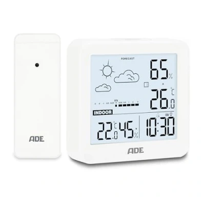 Immagine di ADE Piccola stazione meteorologica digitale con sensore esterno e previsioni meteo temperatura interna ed esterna Umidità Orologio radio sveglia batterie incluse Bianco