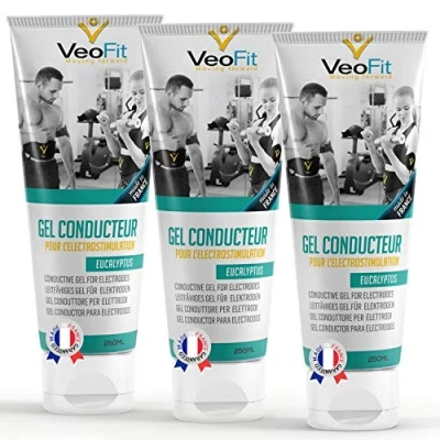 Immagine di VEOFIT Gel Conduttore Elettrostimolazione Eucalipto 3x250mL, per Elettrostimolatore EMS, TENS, Elettrodi elettrostimolatori, Pad Migliora l’Aderenza degli Made in France