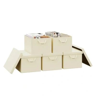 Immagine di WOLTU Scatola Portaoggetti Pieghevole, Set di 5 Ceste in Tessuto, Cubo con Coperchio e Maniglie, per Vestiti, Libri Giocattoli, Crema, 43x26x33 cm, ABB03cm
