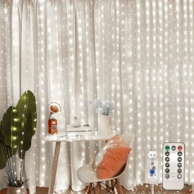 Immagine di Jsdoin Tenda Luminosa Natale,3.6x3m 360LED Luci Natale Interno,8 Modalità Esterno Cascata Dimmerabile IP65 Impermeabile con Telecomando &amp; Timer per Matrimonio, Feste (Bianco freddo)
