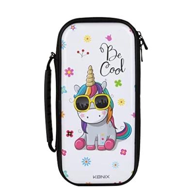 Immagine di Custodia protettiva e da trasporto Konix Unik per console OLED Nintendo Switch, Switch Lite 8 scomparti giochi, motivo Be Cool Unicorn