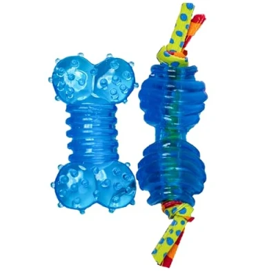 Immagine di Petstages Mini Orka Chew Pair Giochi masticabili per cani Bone e Dumbbell blu royal confezione da 2