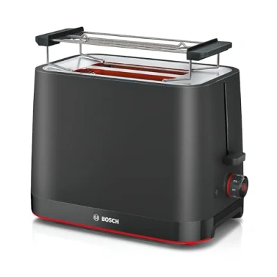 Immagine di Bosch TAT3M123 MyMoment Tostapane Compatto, 2 Scomparti, per Riscaldare e Scongelare, con Griglia Scaldapane, Sistema di Sollevamento High Lift, Vassoio Raccoglibriciole Spegnimento Automatico, Nero