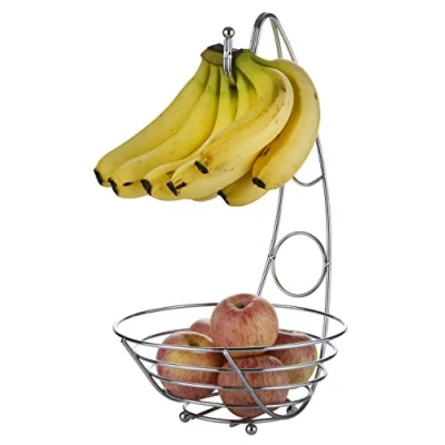 Immagine di Exzact Carrelli portafrutta/Cesto di frutta alto e cablato da 43 cm con Gancio per Banane, Portafrutta Ciotola moderna frutta, finitura cromo argentato