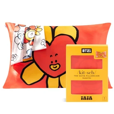 Immagine di Kitsch x BT21 Federa in raso con cerniera per capelli e pelle, più morbida delle federe seta, lavabile lavatrice, senza pieghe, rinfrescante, dimensioni standard 48,3 66 cm