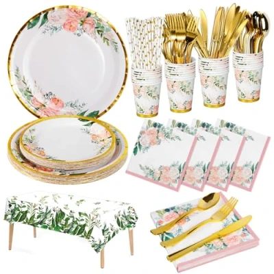 Immagine di Nkaiso Set Di Piatti e Tovaglioli Fiori Per Feste 161 Pezzi, Carta Bicchieri, Baby Shower, Stoviglie Compleanno Matrimoni 20 Ospiti