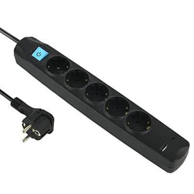 Immagine di Electraline 62167 Ciabatta elettrica A 5 prese Schuko con interruttore, 2 USB 3.4 17 W (1 tipo + 1 C), cavo 1,5 m, multipresa multipla da tavolo, spina extra piatta