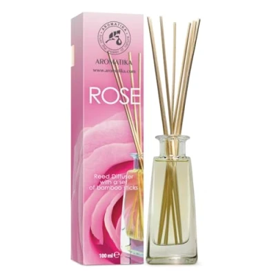 Immagine di Diffusore Profumato Rosa 100ml con 10 Bastoncini di Bambù Aroma Rose Fragranza Intensa &amp; Duratura Senza Alcool Diffuser Aromaterapia SPA Casa Ufficio Fitness Club