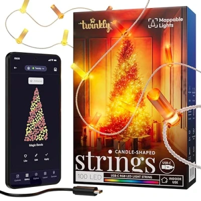 Immagine di Twinkly Strings Candle 100 LED, Striscia Luci LED a Forma di Candela, Filo Multicolore RGB, Compatibile con Alexa, Google Home, Gaming, Alimentazione USB C, Trasparente, 6m