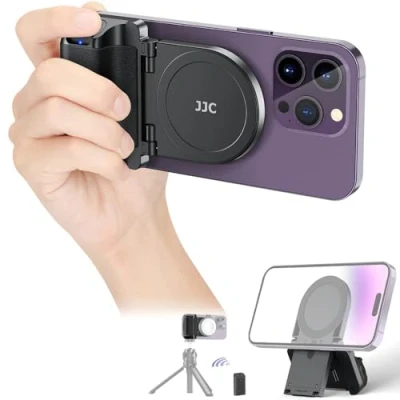 Immagine di JJC Magsafe impugnatura magnetica per telefono con telecomando Bluetooth, fotocamera e smartphone iPhone, Android, supporto da scrivania treppiede, colore nero