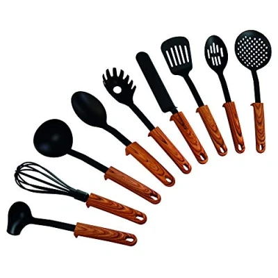 Immagine di STONELINE Back To Nature Set di Utensili da Cucina con Supporto Pratico, Maniglie in Effetto Legno, plastica, Nero, 35,5 x 15,5 10,5 cm, 9 unità