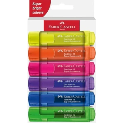 Immagine di Faber Castell 254646 Set 46 evidenziatori, confezione da 6, colori neon, con punta a cuneo lunga durata, larghezza linea 1 5 mm, ricaricabili