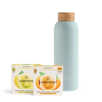 Immagine di waterdrop® Set Borraccia Termica Tè Freddo Zero Bottiglia acqua 600ml + 24 waterdrop Microdrink cubetti per The Verde Limone, Nero Pesca Senza Zucchero e Calorie
