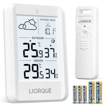 Immagine di LIORQUE Stazione Meteo con Sensore Esterno,Schermo LCD Retroilluminazione, Data, Temperatura, Umidità, Previsioni di Tempo, Esterno IPX4 Impermeabile,Con Batteria