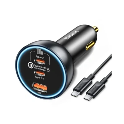 Immagine di Baseus 160W Carica Batteria per Auto 3 Porte, QC5.0 PD3.0 PPS USB Accendisigari Caricabatterie Auto, Caricatore C iPhone 15 14 13 Pro Samsung S24 S23 Ultra iPad MacBook Tablet etc