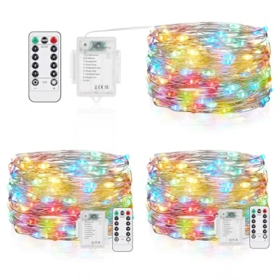 Immagine di Vacoulery Luci Led a Batteria, 5M 50 LEDs 8 Modalità Lucine Decorative IP65 Impermeabile con Telecomando, Timer e Dimmer per Interni Esterni, Natale, Feste, Matrimonio (3 Pezzi, Multicolore)