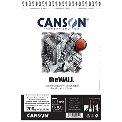 Immagine di Canson The Wall album spiralato lato corto, carta opaca molto liscia, per illustratori, graffiti e design, 30 fogli, A4+, 200 g/m, bianco, 21x31.4 cm