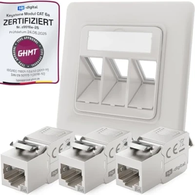 Immagine di hb digital presa di rete CAT 6a da incasso a 3 porte RAL9003 bianco segnale + X Keystone RJ45 modulo LAN Ethernet per 5e 6 500MHz 10 Gb/s STP