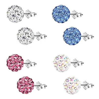Immagine di Epoch World Donna Orecchini in Argento 925 4 Paia a Sfera 8mm Decorati con Cristallo per Uomo Ragazze